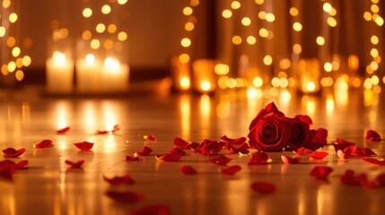 Poster - Two red roses lie amidst scattered petals on a glossy floor illuminated by the soft glow of candles in glass holders and warm bokeh lights in the background