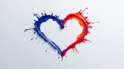 Poster - A heart shape is formed by two splatters of paint, one blue and one red, against a light background