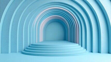 Aufkleber - Rendered minimalist tunnel with arched structure, stairs, blue color, and glowing background