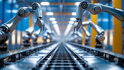 Poster - advanced robotic arms operating on a factory assembly line with precision and efficiency in a modern
