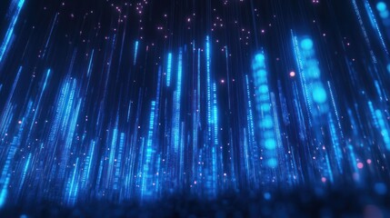 Poster - Abstract digital rain, glowing vertical lines, dark background. Use Background for technology, science, or futuristic design projects