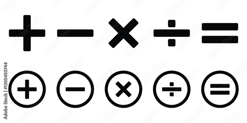 Plus, minus, multiply, divide and equal sign icon design set. Addition ...