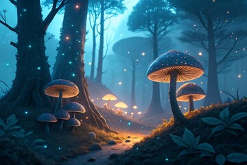 enchanting fairy forest path illuminated by glow-mushrooms