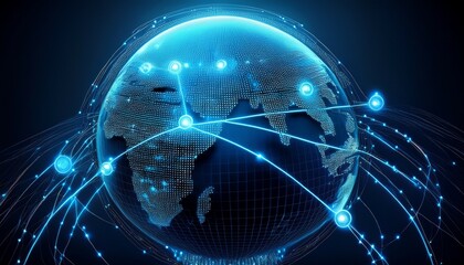 Wall Mural - a digital rendering of a blue glowing earth with lines connecting different locations
