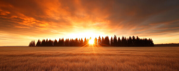 Wall Mural - dramatic sun rays piercing storm clouds above a quiet rural landscape with silhouettes of tall trees