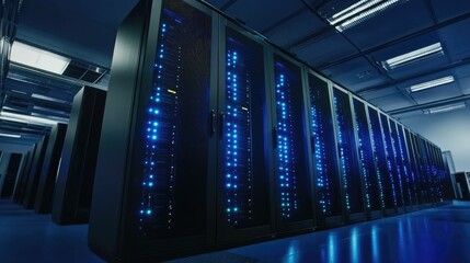 Aufkleber - Modern data center with glowing blue server racks, representing cybersecurity, cloud computing, and IT infrastructure. Ideal for technology and digital security concepts