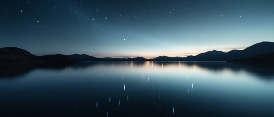 Wall Mural - A tranquil starry night over a serene lake, with reflections of distant hills and celestial bodies mirrored upon the calm, pristine water.