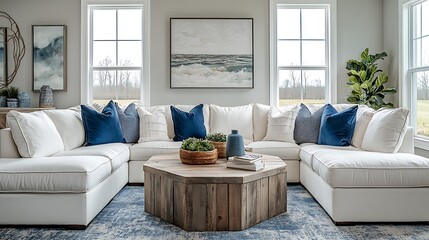 Poster - Spacious living room with a white sectional, wooden table, and landscape outside