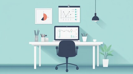Poster - Modern minimalist workspace with computer and charts