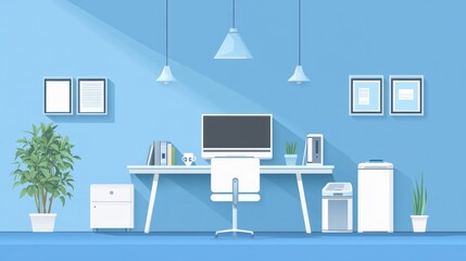 Poster - Modern office interior design, minimalist workspace, light blue tones, productivity, suitable for work from home or office imagery