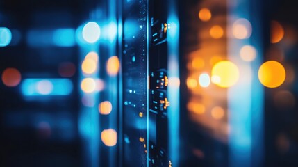 Aufkleber - Close up of a data center with blurred lights and glowing blue and orange server racks, symbolizing cloud computing, cybersecurity, and IT infrastructure. Ideal for technology and digital security