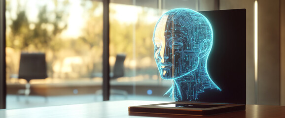 Leinwandbilder - Holographic head projection on a digital display, showcasing technological advancement, artificial intelligence, or futuristic concepts