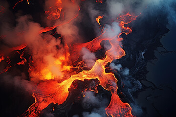 Wall Mural - volcano eruption from a bird view. volcano crater and magma flow shot from above. genertated ai.