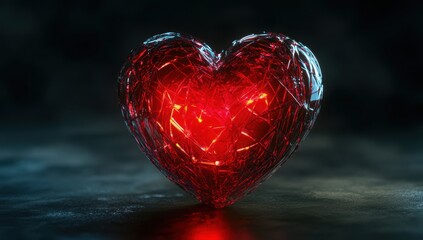 Poster - Shiny Red Heart Sculpture Made of Glass in Dark Background with Glowing Elements for Creative Concepts of Love and Emotion