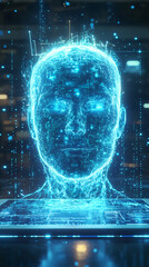 Poster - Digital head, glowing blue, composed of data streams, sits on a digital surface, showcasing AI, technology, and futuristic concepts
