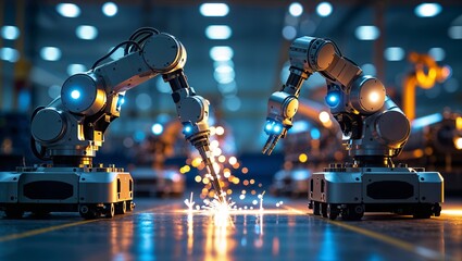 Poster - robotic arms engage in precision welding with sparks flying in a modern industrial facility