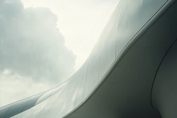Poster - Futuristic Urban Architecture with Wavy Glass Facade Reflecting Dramatic Sky, Generative AI
