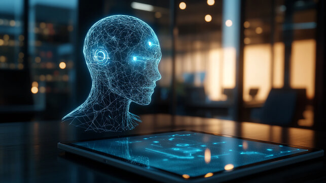 Digital head model on tablet screen, showcasing technological advancement in artificial intelligence and digital design, representing future innovation