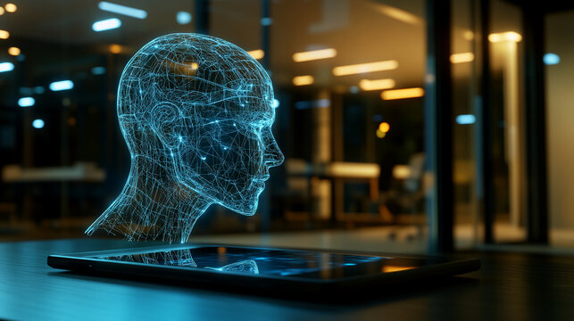 Digital head model above tablet, glowing blue, network lines, modern office background, showcasing technology, innovation, artificial intelligence concept