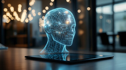 Poster - Digital head model on tablet, glowing blue lines, modern technology concept, showcasing artificial intelligence, innovation and future tech, suitable for website banner or presentation