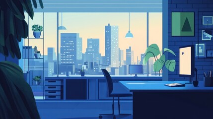 Poster - City view office interior, modern workspace, morning light