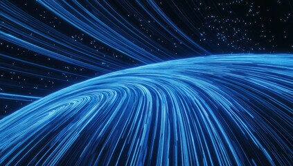 Poster - Stunning Abstract Blue Light Trails Over a Curved Surface in a Dark Cosmic Background with Stars and Dynamic Motion Effects