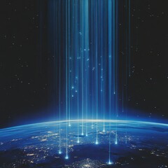 Poster - Stunning Visualization of Blue Light Beams Cascading Down from the Night Sky into a Glowing Earth Landscape with Twinkling City Lights