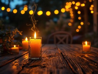 Aufkleber - A tranquil outdoor scene featuring glowing candles on a wooden table under a twilight sky.
