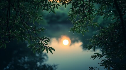 Poster - Sun shining above water framed by green leaves, creating peaceful, natural backdrop