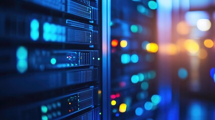 Aufkleber - Close-up of a data center with glowing blue and orange server lights, symbolizing cloud computing, cybersecurity, and IT infrastructure. Ideal for technology and digital security themes