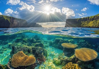 Poster - Sunlight Filters Over Vibrant Coral Reef Below Crystal Clear Water at Ocean Coastline with Scenic Mountain Background