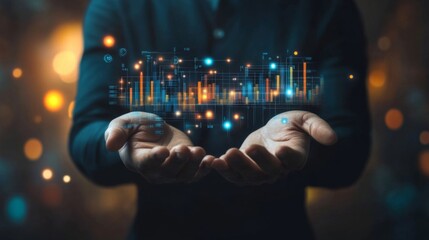 Poster - Businessman holds data-driven tech insights. Modern digital graphs, numbers float in hands. Informed business strategies, data management. Tech,  Decision making process presented 3k Resolution