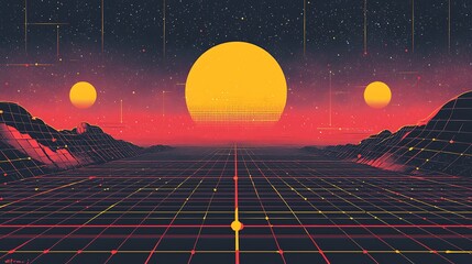 Poster - Synthwave landscape, futuristic sun, grid horizon, starry sky, digital art background