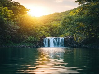 Poster - Tranquil Waterfall Cascading into Serene Pool Surrounded by Lush Greenery Under Golden Sunset Glow in Scenic Natural Landscape