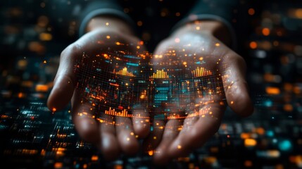 Aufkleber - Businessman holds data-driven tech insights. Modern digital graphs, numbers float in hands. Informed business strategies, data management. Tech,  Decision making process presented 3k Resolution