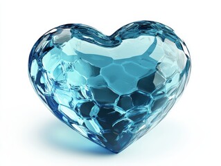 Poster - Transparent Blue Heart-Shaped Crystal Object with Faceted Surface Reflecting Light and Displaying Intriguing Patterns and Textures