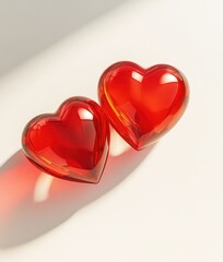 Poster - Two Transparent Red Heart-Shaped Decorative Objects Casting Soft Shadows on a Light Background for Romantic and Love Themes