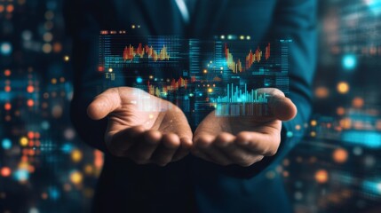 Poster - Businessman holds data-driven tech insights. Modern digital graphs, numbers float in hands. Informed business strategies, data management. Tech,  Decision making process presented 3k Resolution