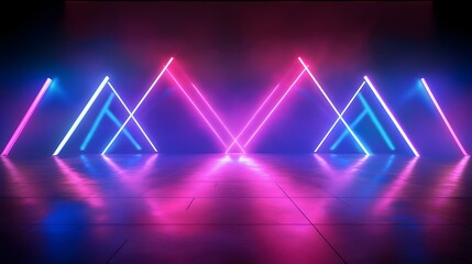 Wall Mural - glowing neon lights triangles rave music event background