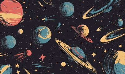 Wall Mural - minimalist space sketch with abstract planets, comets, and spaceships in grunge style
