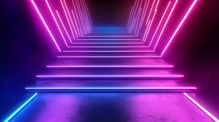 Wall Mural - glowing neon lights staircase rave music event background