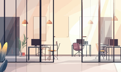 Poster - Modern Minimalist Office Space with Glass Partitions and Metal Desks in Vector Style