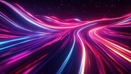 Poster - Vibrant Abstract Light Waves Rendering in Neon Colors with Starry Background for Creative Design Projects and Digital Artwork