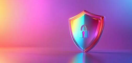 Poster - Vibrant and Modern Shield Icon with Lock Symbol Representing Security and Protection Against Cyber Threats in a Colorful Background