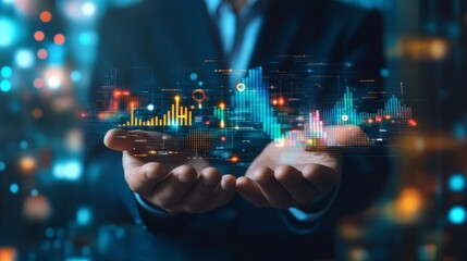 Poster - Businessman holds data driven tech insights graph. Modern digital graphs, numbers float in hands. Informed business strategies, data management. Tech, 32k Resolution