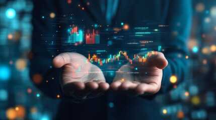 Poster - Businessman holds data-driven tech insights. Modern digital graphs, numbers float in hands. Informed business strategies, data management. Tech,  Decision making process presented 3k Resolution