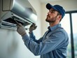 © Leonardo - Técnico arreglando aire acondicionado de pared, vista lateral, usando uniforme azul y guantes, fondo interior moderno
