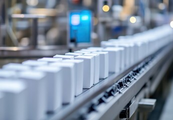Poster - White packaging boxes moving on conveyor belt in modern automated factory with blurred background and glowing lights, showcasing manufacturing process intricacies