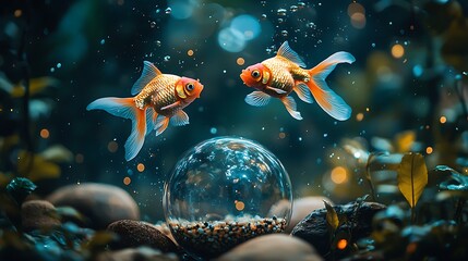 Poster - Two goldfish swim gracefully around a glass sphere in an underwater aquarium scene