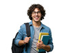 A happy young male student with holds a stack of books in his arms isolated on transparent background